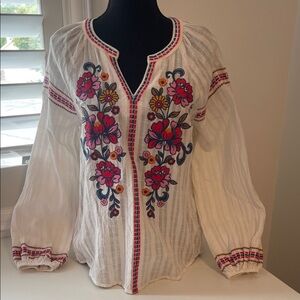 Savanna Jane Textured White Blouse with Vibrant Floral Embroidery